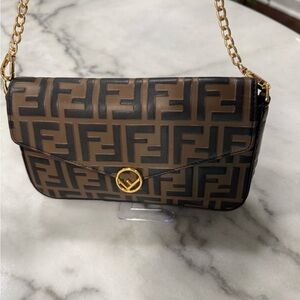 Fendi Black and Brown Logo Crossbody with Gold Accents